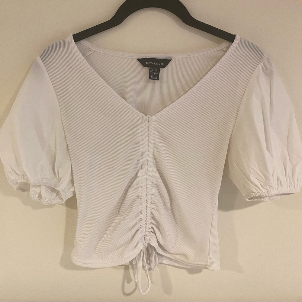 White Puff Sleeve Ruched Tied Front Top